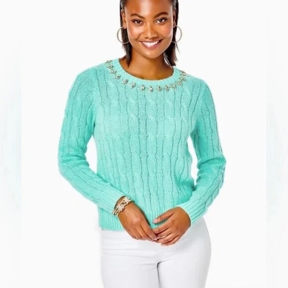 Lilly Pulitzer Dario Embellished Cable-Knit Aqua color Sweater.  Sz XL